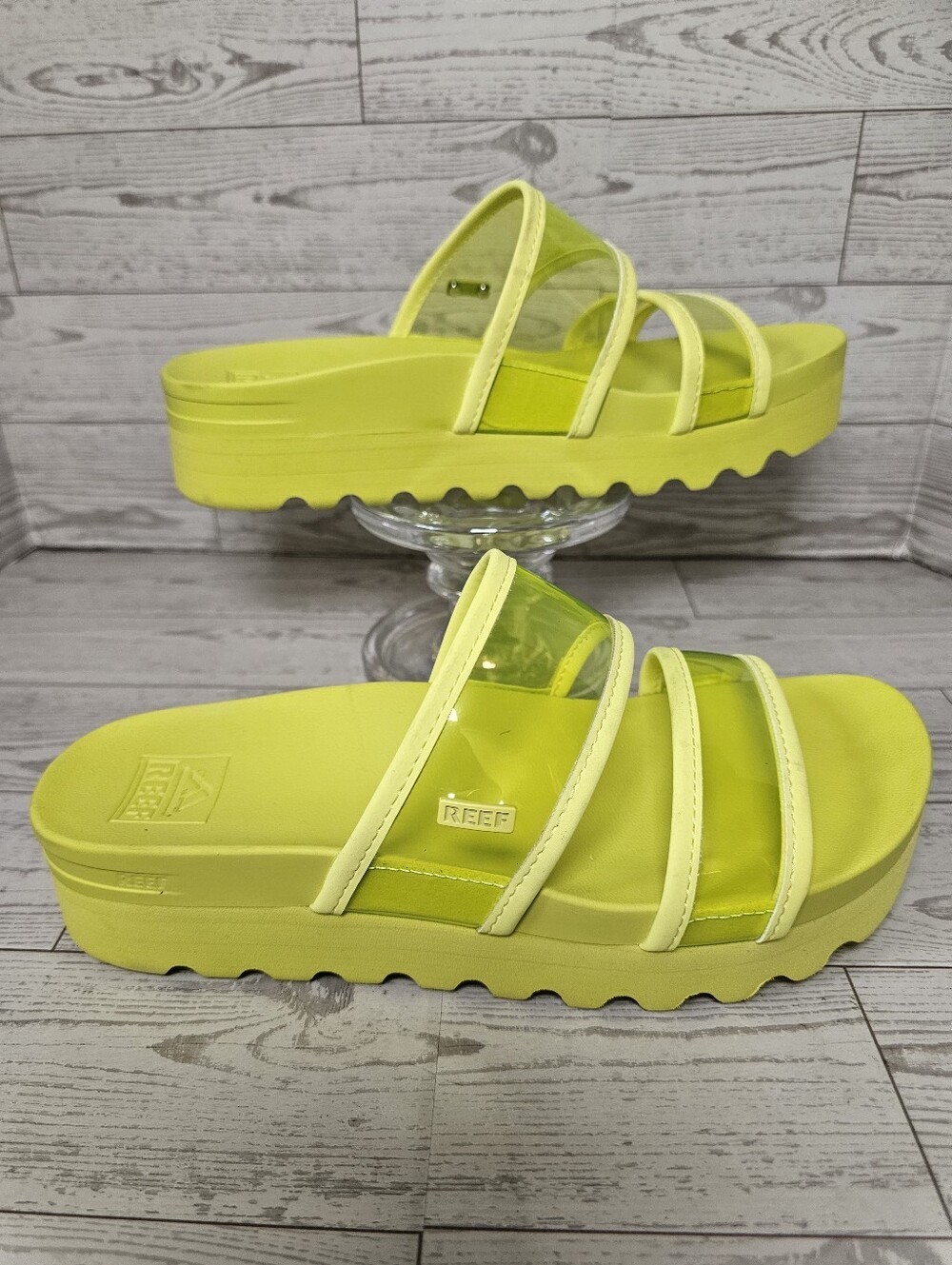 Reef Neon Lime Green Clear Strap Chunky Platform Slide Sandals Size 7.5 NWOT
